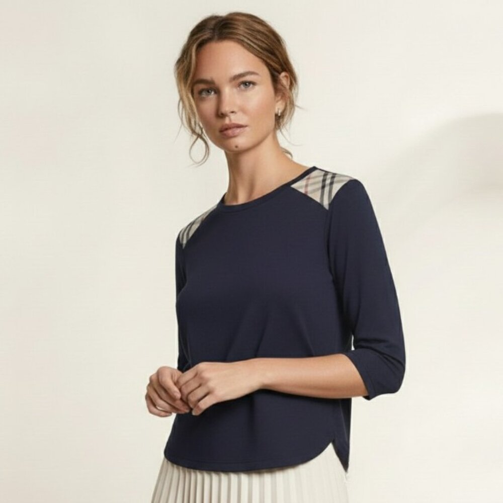 Authentic  Burberry Navy Nova Check Shoulder Top, Size M — 90s Vintage, Rare